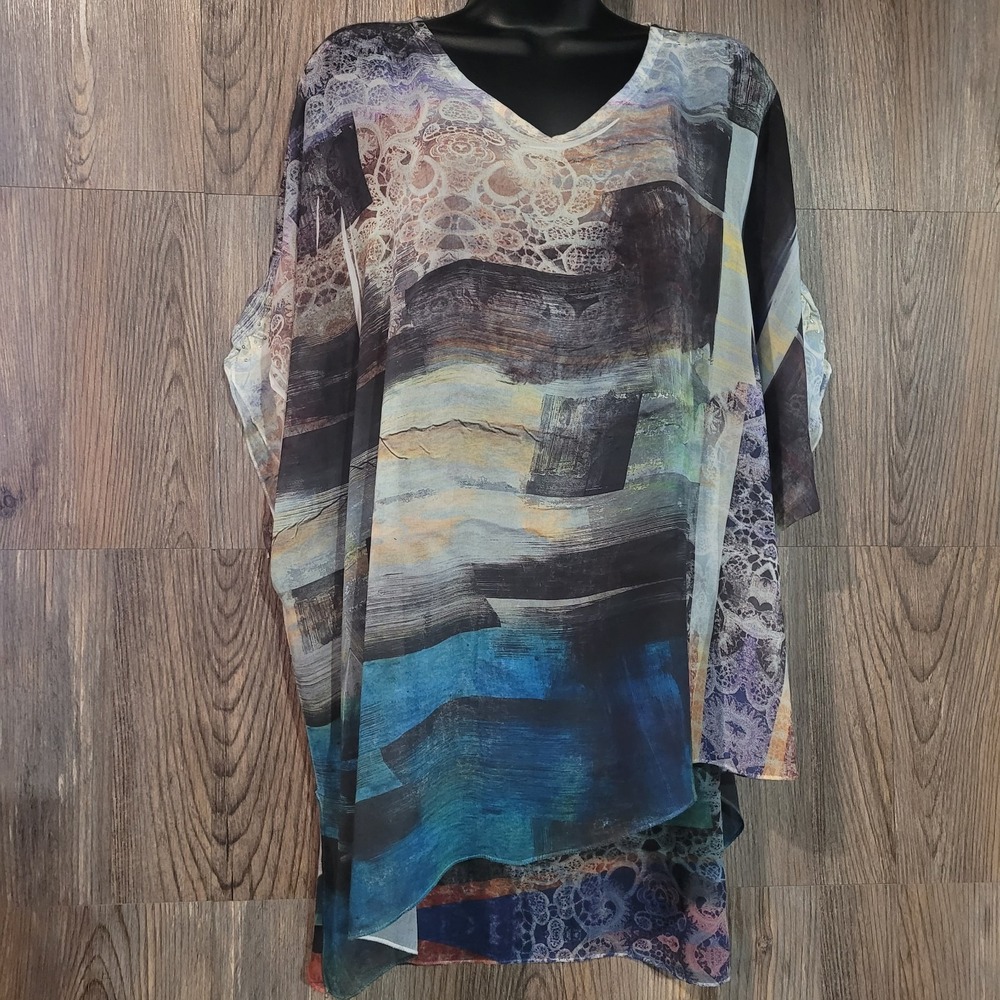 Jess & Jane Sheer Asymmetric Poncho Blouse XL Abstract Sequin Overlay Art toWear